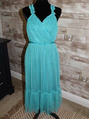 NWT Turquoise Feminine Polka Dot Mesh Overlay Midi Dress by Gigio Cottagecore